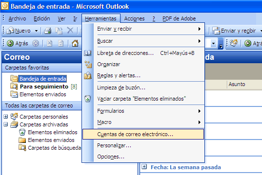 Men&uacute; Outlook